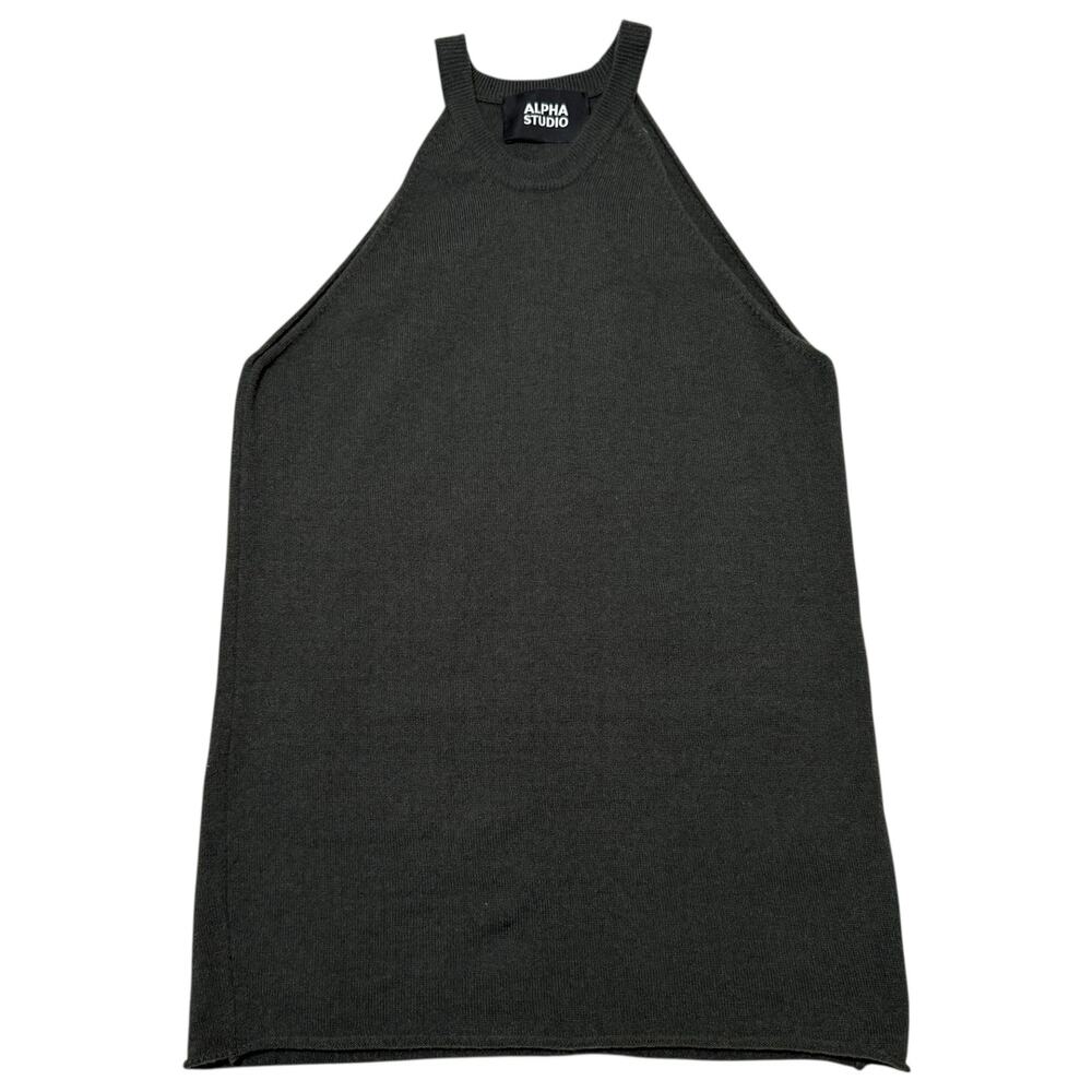 Alpha Studio Knit Tank Top High Neck Halter Wool Cashmere Forest Green IT 42